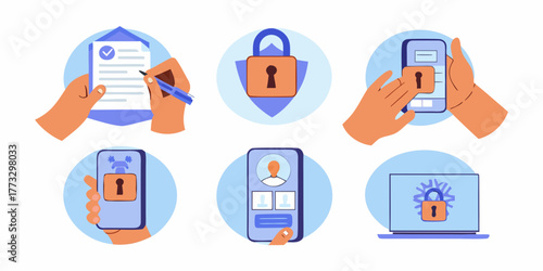Set of illustrations depicting digital security and personal data protection concepts