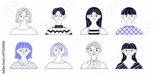 Diverse group of people illustrated with simple line art and purple accents representing different personalities and styles