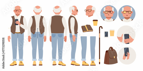 Full character set of an elderly man showing front back and side views with accessories like phone cane and bag
