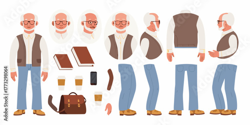 Character design kit for a senior man with various poses and accessories