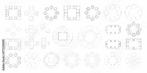 Collection of top down schematic drawings of various table and chair arrangements for meeting rooms and dining spaces