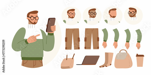 Man character creator kit with various facial expressions clothing and accessories for animation and design
