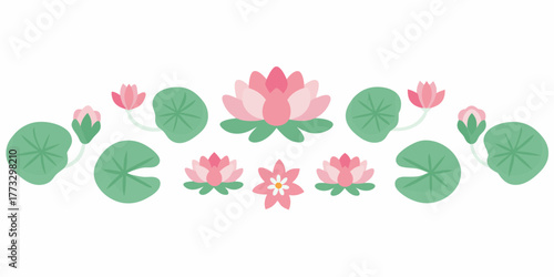 Collection of stylized pink water lilies and green lily pads arranged in a decorative border on a white background