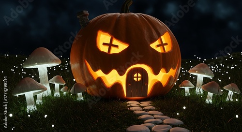 A tiny, storybook pumpkin house, the entire structure is a giant, carved jack-o-lantern with a door and windows
