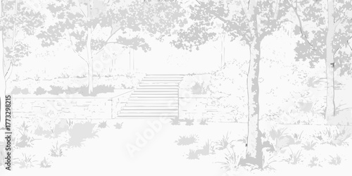 Serene garden path with stone steps leading upwards through lush trees and foliage