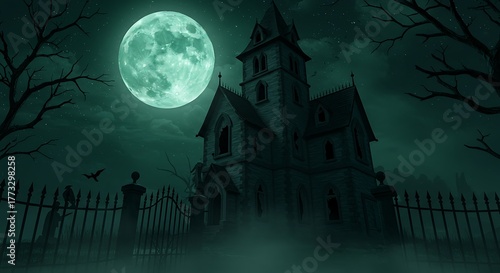 A towering, crooked Gothic manor at midnight. A full, sickly green moon casts long, distorted shadows from jagged iron fence posts