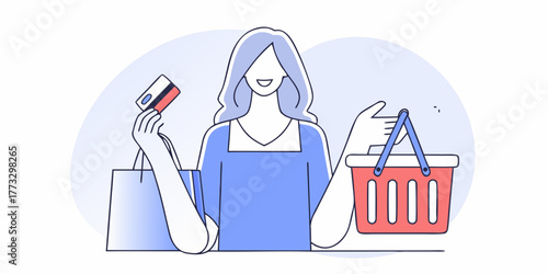 Happy woman holding a credit card and shopping bag with a basket representing online shopping and retail