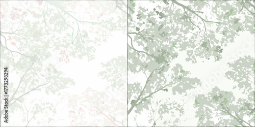 Looking up through lush green tree branches and leaves against a bright white sky