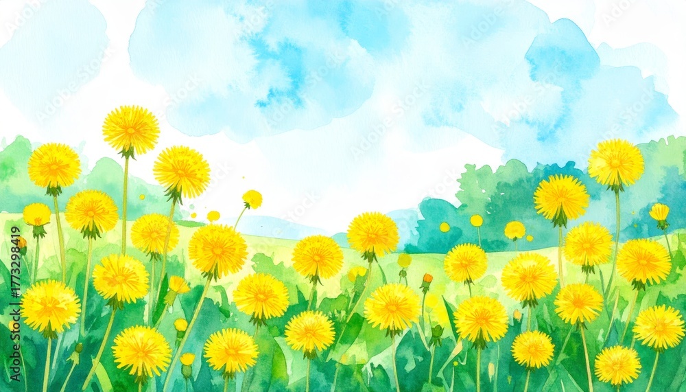 Fototapeta premium Vibrant yellow flowers painting gracing expansive lush field under clear sky artistic rendition.