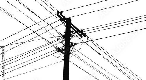 Silhouette of utility pole with power lines, electricity distribution cables, urban infrastructure network, energy transmission system, industrial technology, city skyline contrast, 