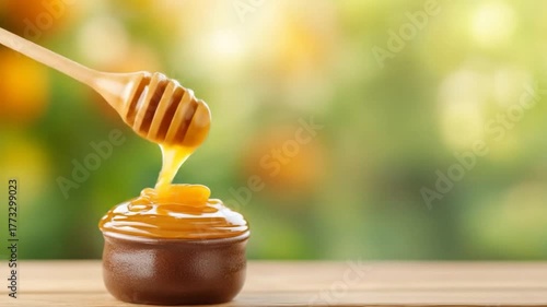 Golden honey being poured into a small rustic pot by a wooden dipper against a vibrant green outdoor background
