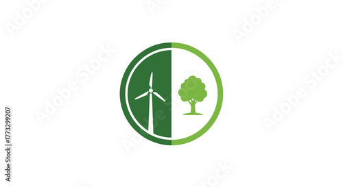 Green energy solutions logo design featuring wind turbine and tree for sustainable power and environmental conservation