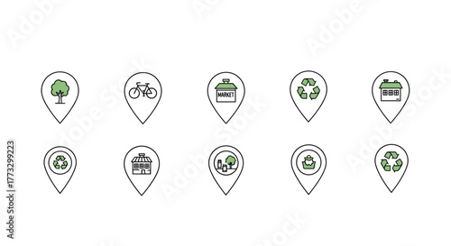Eco friendly location pin icons for map markers showing green living and sustainability movement concept
