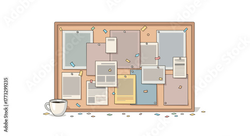 Illustration of a cork bulletin board with notes and papers and a coffee cup for office organization