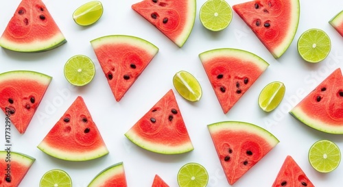 Refreshing Watermelon and Lime Slices on White Background.