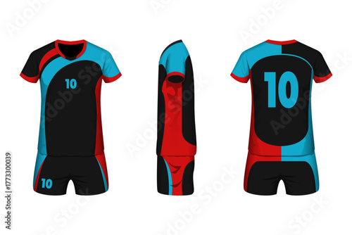 Volleyball jersey mockup black, blue and red colors with front, side and back view.