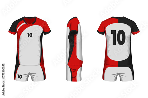 Volleyball jersey mockup white, black and red colors with front, side and back view.