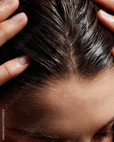 Close-up of hands applying nourishing scalp treatment with gentle massaging motion on parted healthy hair showing direct skin care for hair health and wellness routine concept