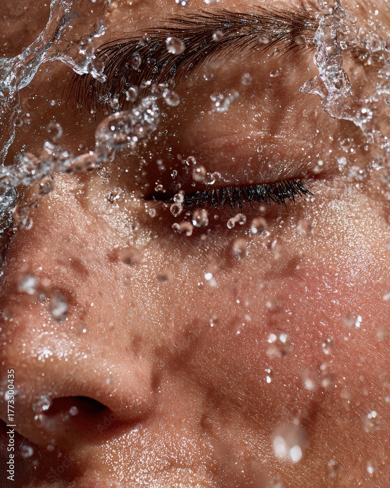 Fototapeta premium Close up of person splashing face with water during morning cleansing ritual with droplets catching light in dynamic refreshing moment, skincare routine and awakening revitalization lifestyle concept