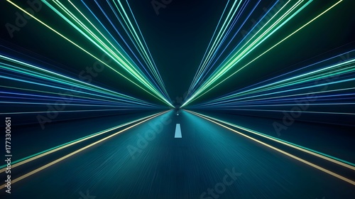 The image shows a road with a white dashed line and several colorful streaks of light converging in the distance on a dark background, creating a sense of speed and movement.