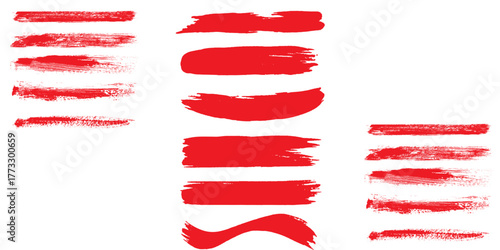 Straight red ink vector lines pack. Bloody color long and round hand-drawn brushstroke text highlights, frames, circles. Asian calligraphy modern