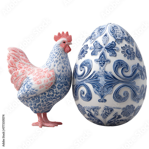 Ornate porcelain rooster and egg with blue and white pattern