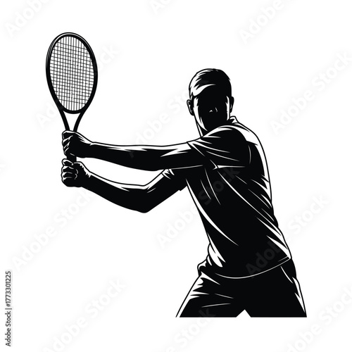 Silhouette of a tennis player swinging a racket in a dynamic pose