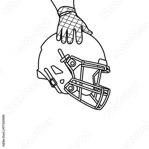 Hand holding american football helmet in black and white line art