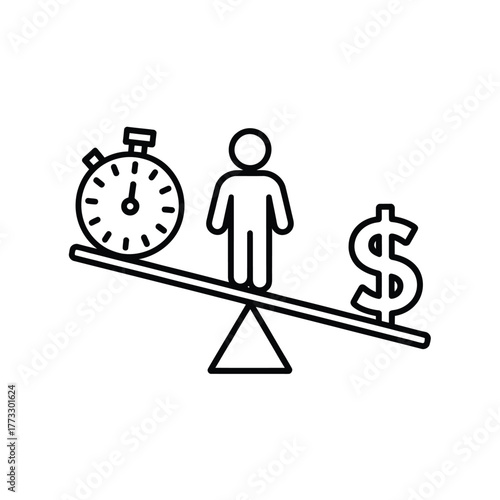 Balance between time and money on a scale with person icon
