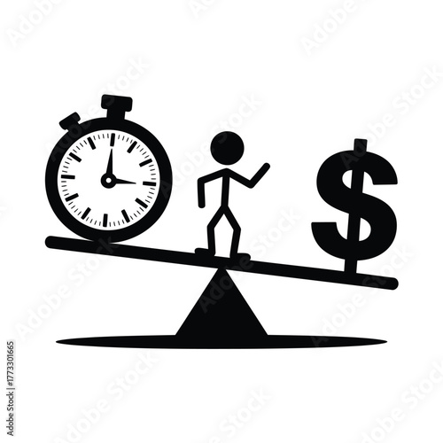 Stick figure balancing time and money on a scale