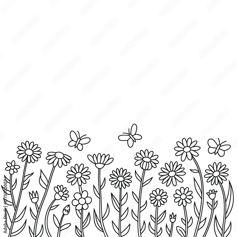 Fototapeta premium Simple hand drawn outline of wildflowers and butterflies on white background