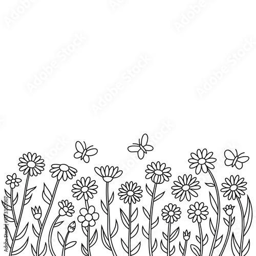 Simple hand drawn outline of wildflowers and butterflies on white background