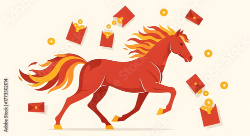 Chinese New Year Red Horse and Golden Coins with Red Envelopes - Lunar Zodiac Prosperity Illustration