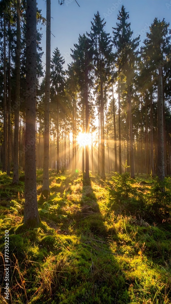 Obraz premium Sunlight streams through a dense forest, creating a golden glow