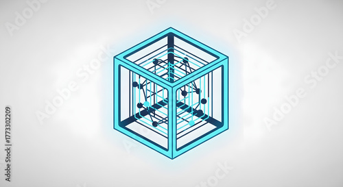 Abstract glowing isometric cube with network connections and data points inside a digital structure