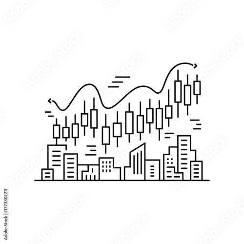 Hand drawn city skyline with stock market candlestick chart above