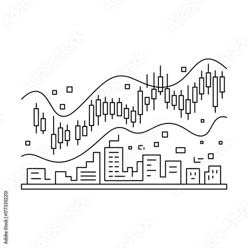 Financial stock market graph over city skyline illustration