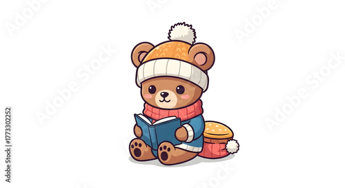 Cute cartoon teddy bear reading a book wearing a winter hat and scarf on white background