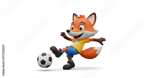 Cute 3D cartoon fox mascot playing soccer kicking a football - sports and fun concept