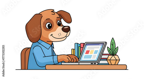 Happy cartoon dog working on laptop at a desk with books and a plant - remote work or online learning concept