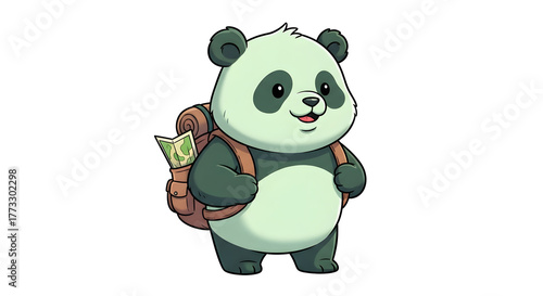 Cute cartoon panda explorer with backpack and map ready for adventure and travel