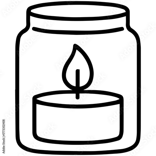 Serene Light: A simple line art of a glass jar, housing a delicate candle with a softly dancing flame, radiating tranquility and warmth.