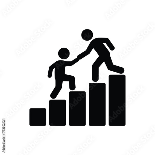 Two people helping each other climb a bar chart representing success