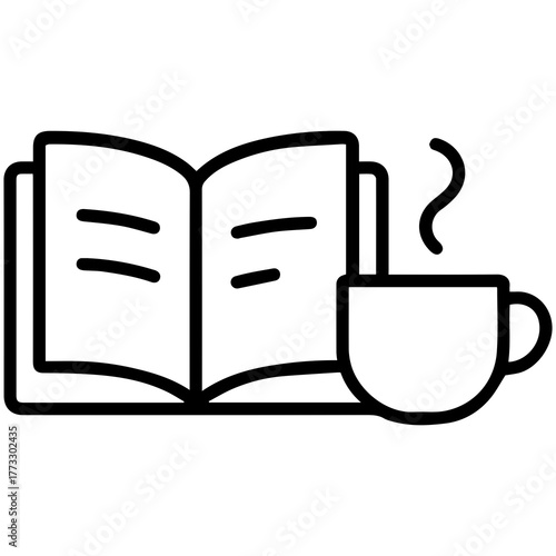 Cozy Reading Corner: A minimalist monochrome illustration captures a scene of tranquility. An open book invites readers while a steaming cup of coffee or tea adds a comforting warmth.