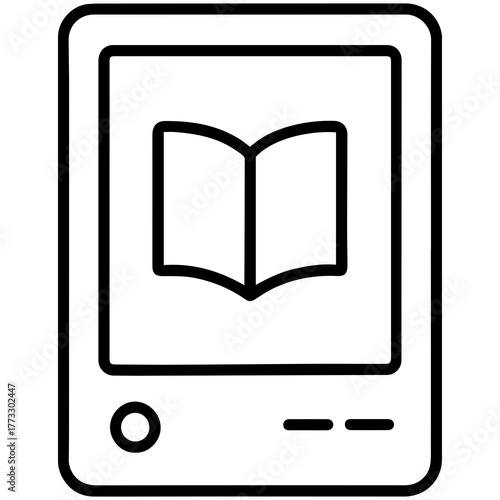 Digital Book Reader: A simple, sleek illustration of an e-reader device displaying an open book, symbolizing the ease and convenience of digital reading. 