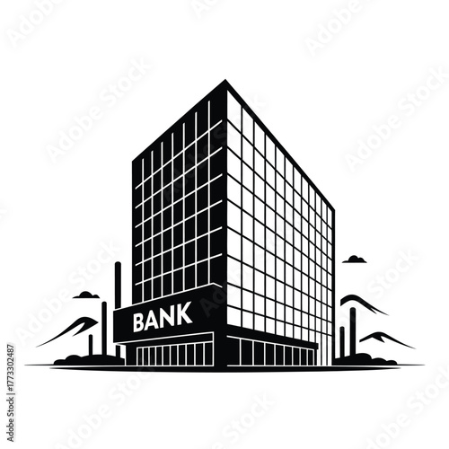 Modern bank building exterior with cityscape silhouette
