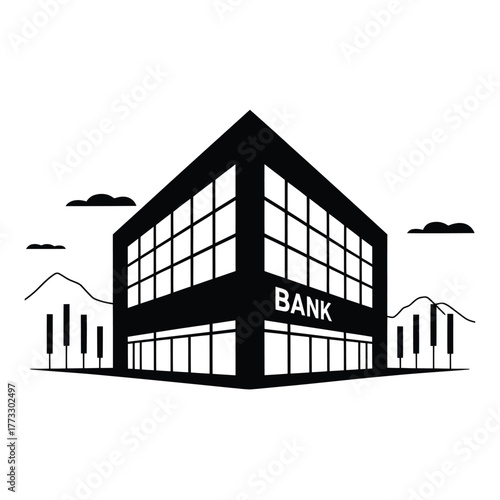 Modern bank building exterior facade with large windows