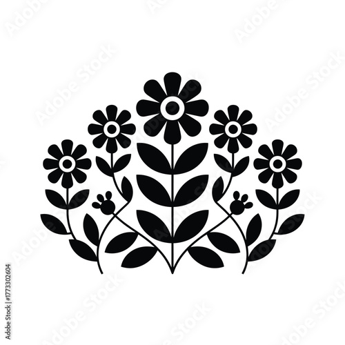 Stylized black silhouette of a floral arrangement with daisies