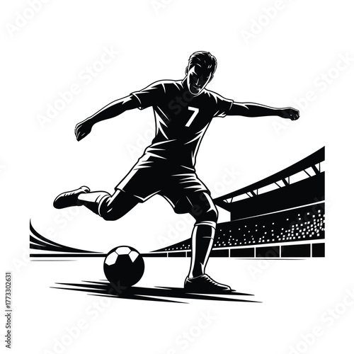Silhouette of a soccer player kicking a ball on a stadium background