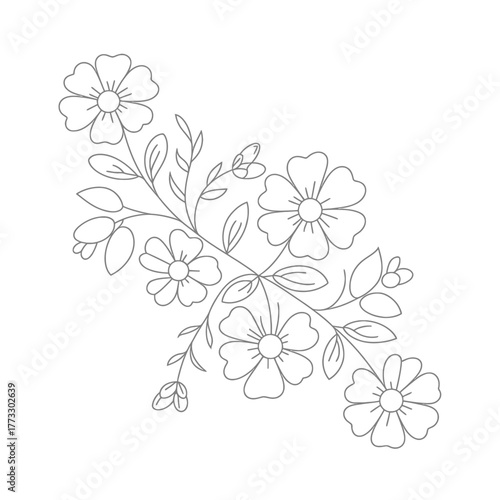 Elegant hand drawn floral branch with delicate flowers and leaves